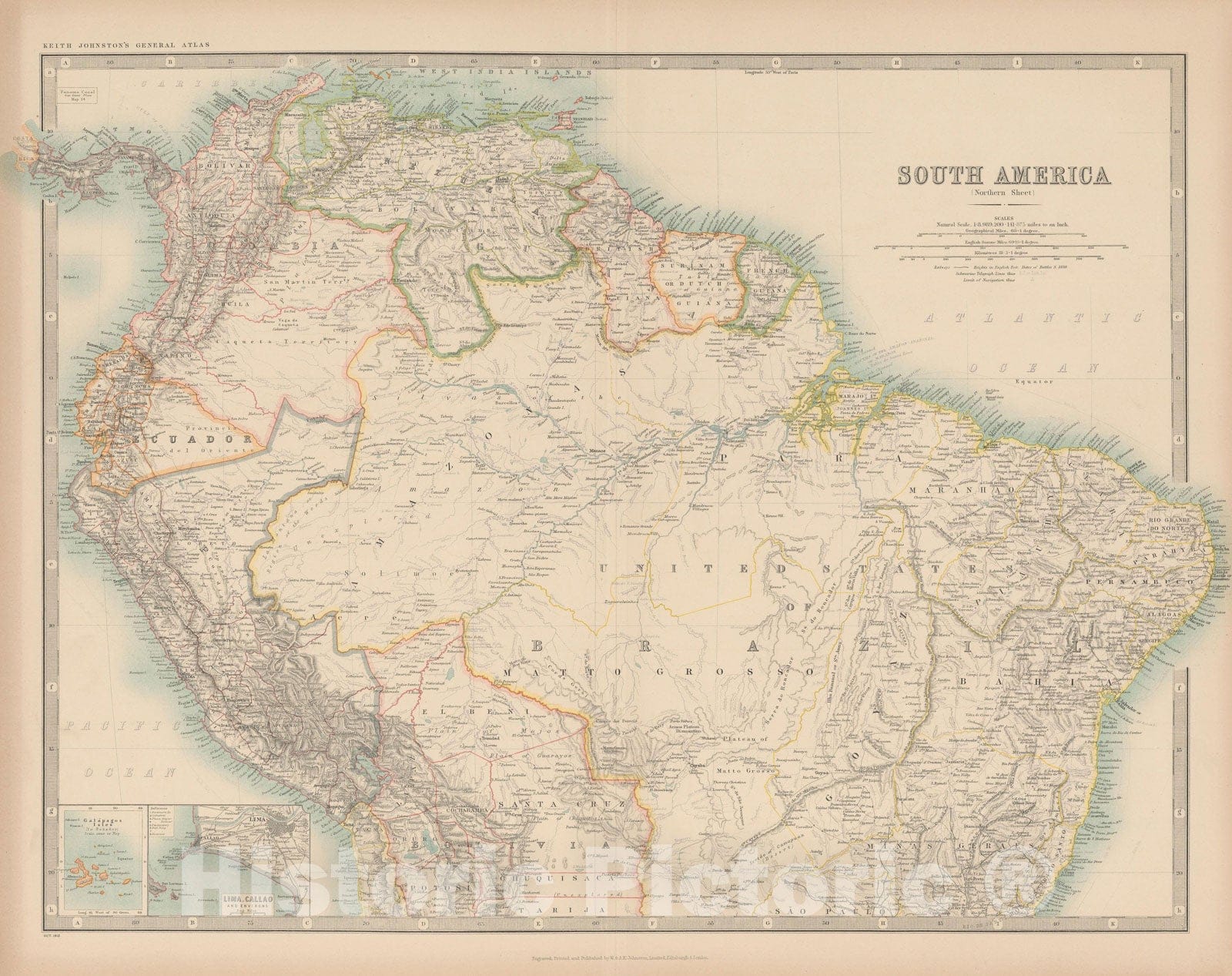 Historic Map : Atlas World, South America 1913 , Vintage Wall Art