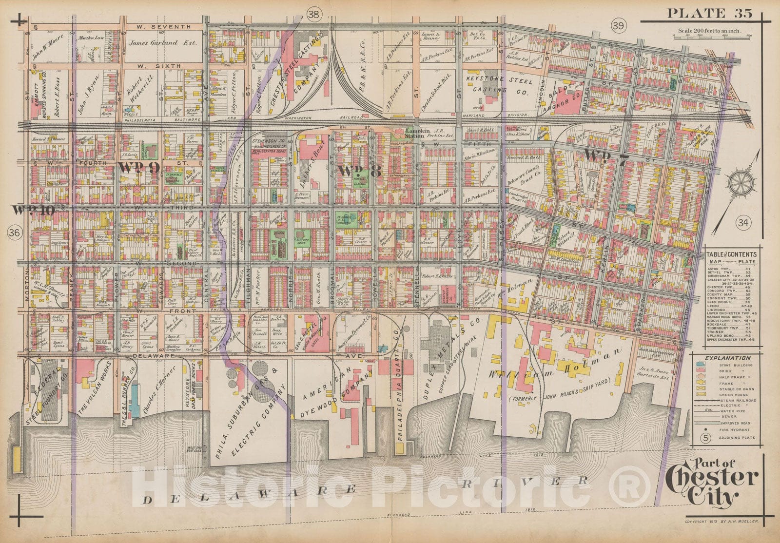 Historic Map : Atlas of Delaware County, West of Ridley Creek, Vol. Two, Chester City 1913 Plate 035 , Vintage Wall Art