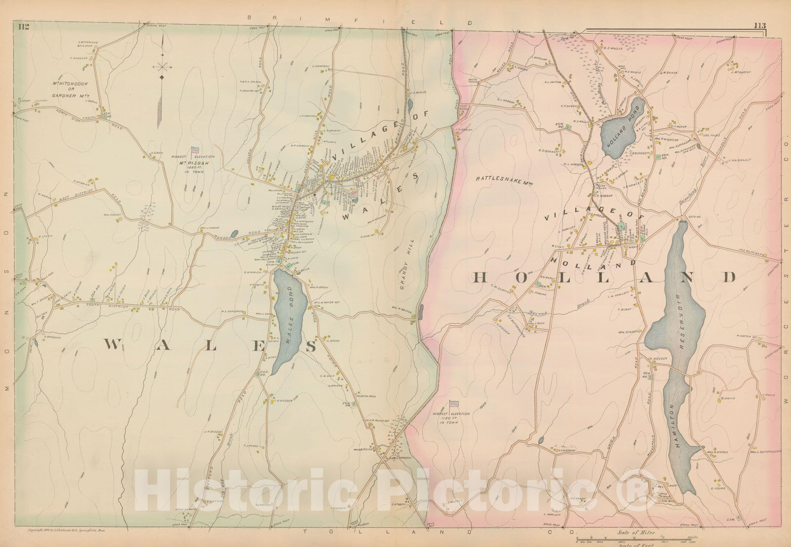 Historic Map : Atlas of Hampden County, Massachusetts, Holland & Wales 1894 , Vintage Wall Art