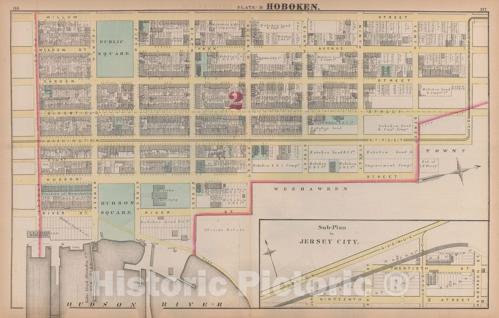 Historic Map : Combined Atlas State of New Jersey & The County of Hudson, Hoboken 1873 Plate D , Vintage Wall Art