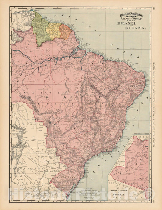 Historic Map : Brazil & Guiana 1892 , Rand McNally's Atlas World , Vintage Wall Art