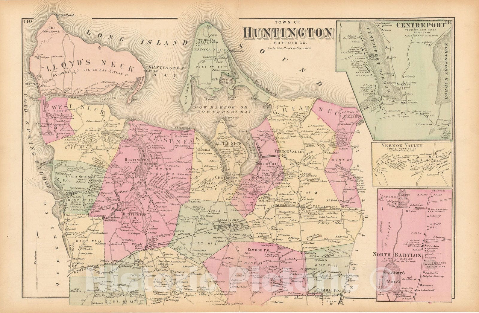 Historic Map : Atlas of Long Island, New York, Babylon & Huntington 1873 , Vintage Wall Art