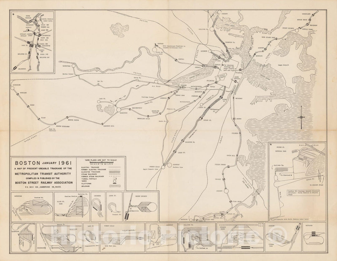 Historic Map : Greater Boston Transit Maps, Boston MTA Boston Trackage Map 1961 Railroad Catography , Vintage Wall Art