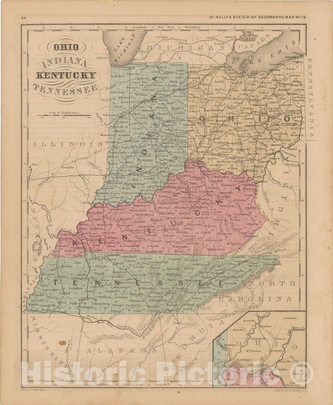 Historic Map : McNally's Improved System of Geography, Indiana & Kentucky & Ohio & Tennessee 1856 , Vintage Wall Art