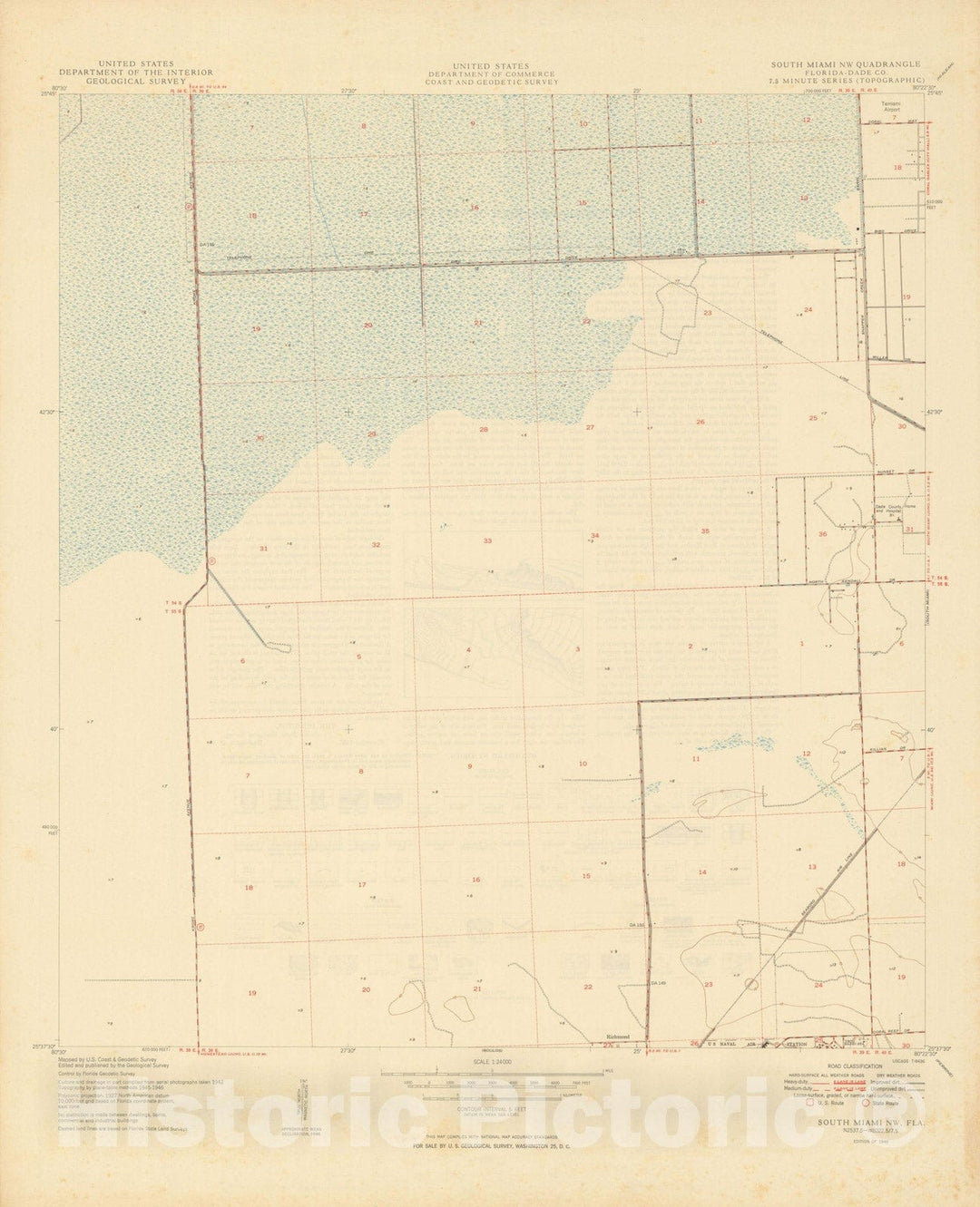 Historic Map : USGS 7.5 Minute Sheets and Quadrangles, South Miami 1949 Topographic Map , Vintage Wall Art