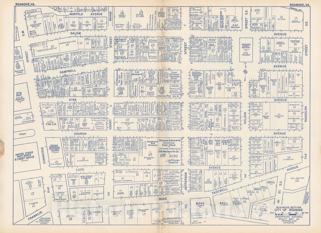 Historic Map : States of PA, VA & WV, Roanoke 1950 , Nirenstein's Real Estate Atlas , Vintage Wall Art