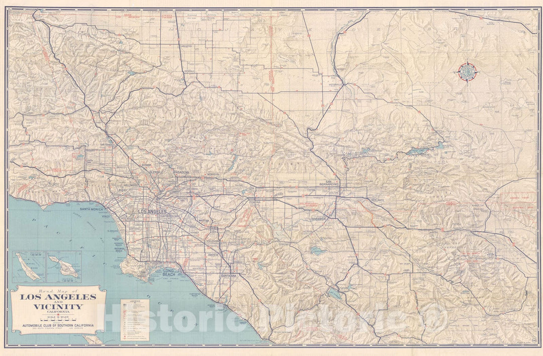 Historic Map : Road Map of Los Angeles and Vicinity 1940 , Vintage Wall Art