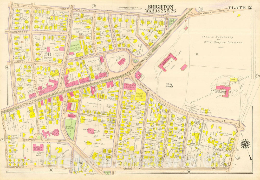 Historic Map : Atlas City of Boston, Wards 25 & 26 Brighton, Brighton 1916 Plate 012 , Vintage Wall Art