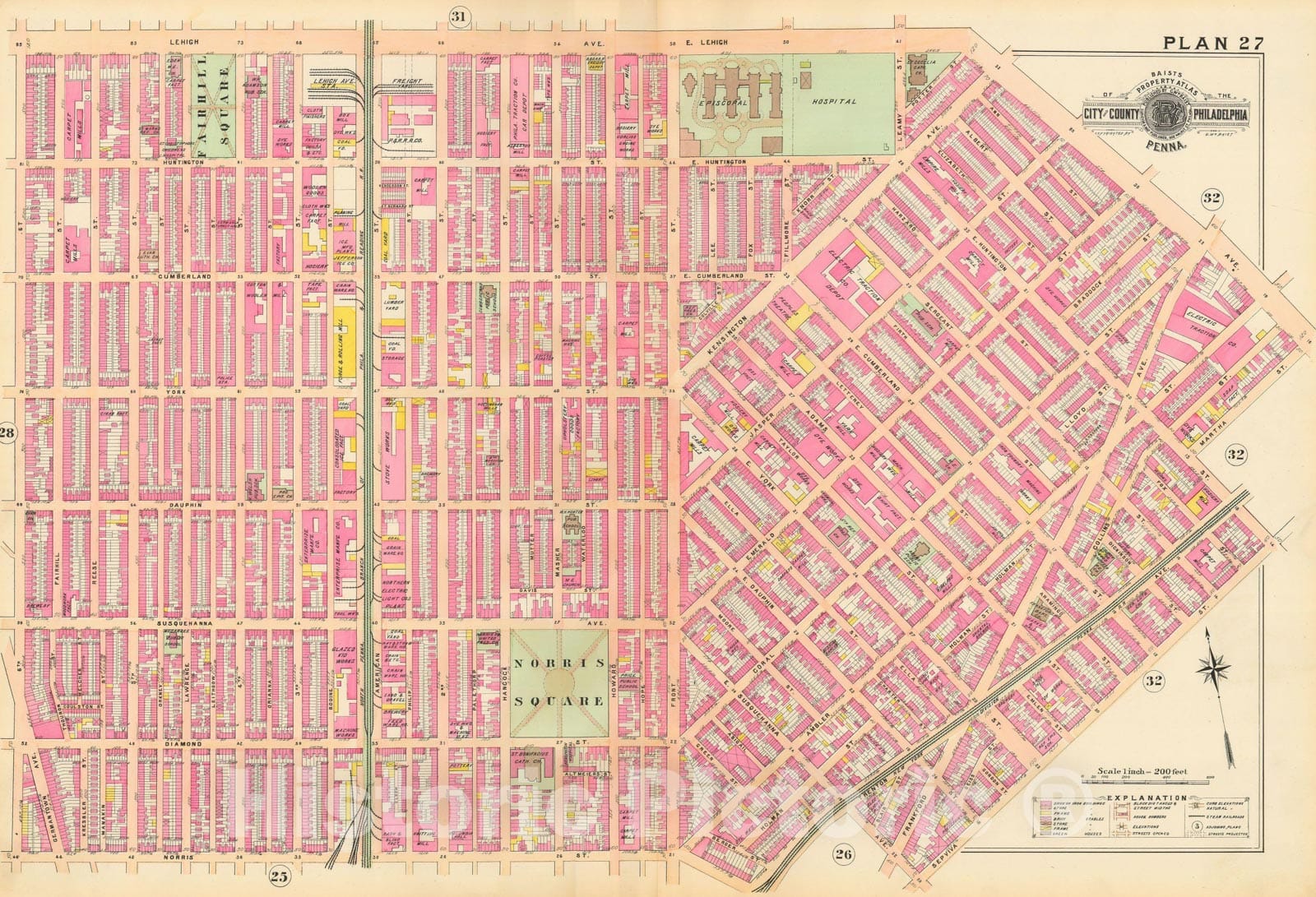 Historic Map : Baist's Property Atlas of Philadelphia, Philadelphia 1895 Plate 027 , Vintage Wall Art