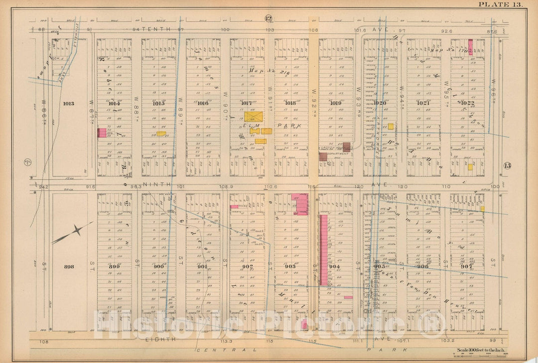 Historic Map : Atlas City of New York, Vol 2 ... 12th Ward, 2nd Ed., Manhattan 1884 Plate 013 , Vintage Wall Art