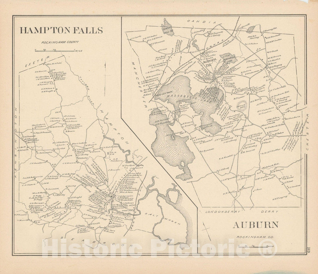 Historic Map : Auburn & Hampton Falls 1892 , Town and City Atlas State of New Hampshire , Vintage Wall Art