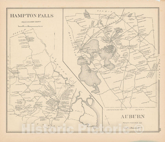 Historic Map : Auburn & Hampton Falls 1892 , Town and City Atlas State of New Hampshire , Vintage Wall Art