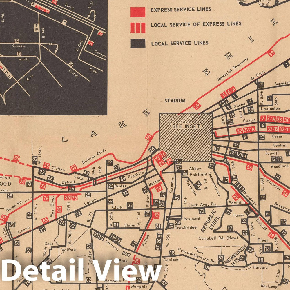 Historic Map : Cleveland Transit System 1951 Railroad Catography , Vintage Wall Art