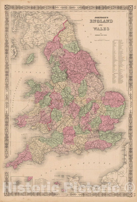 Historic Map : England & Wales 1865 , Johnson's Family Atlas , Vintage Wall Art