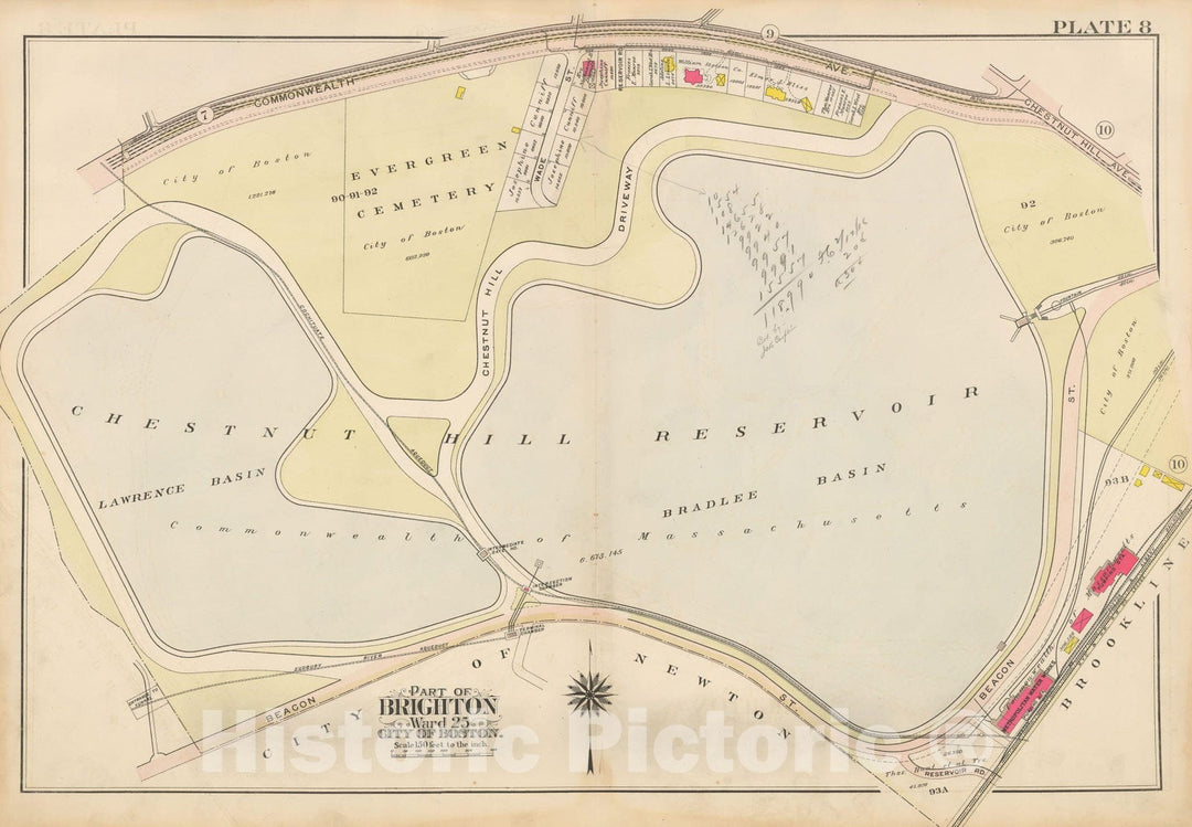 Historic Map : Atlas City of Boston Ward 25 Brighton, Brighton 1909 Plate 008 , Vintage Wall Art