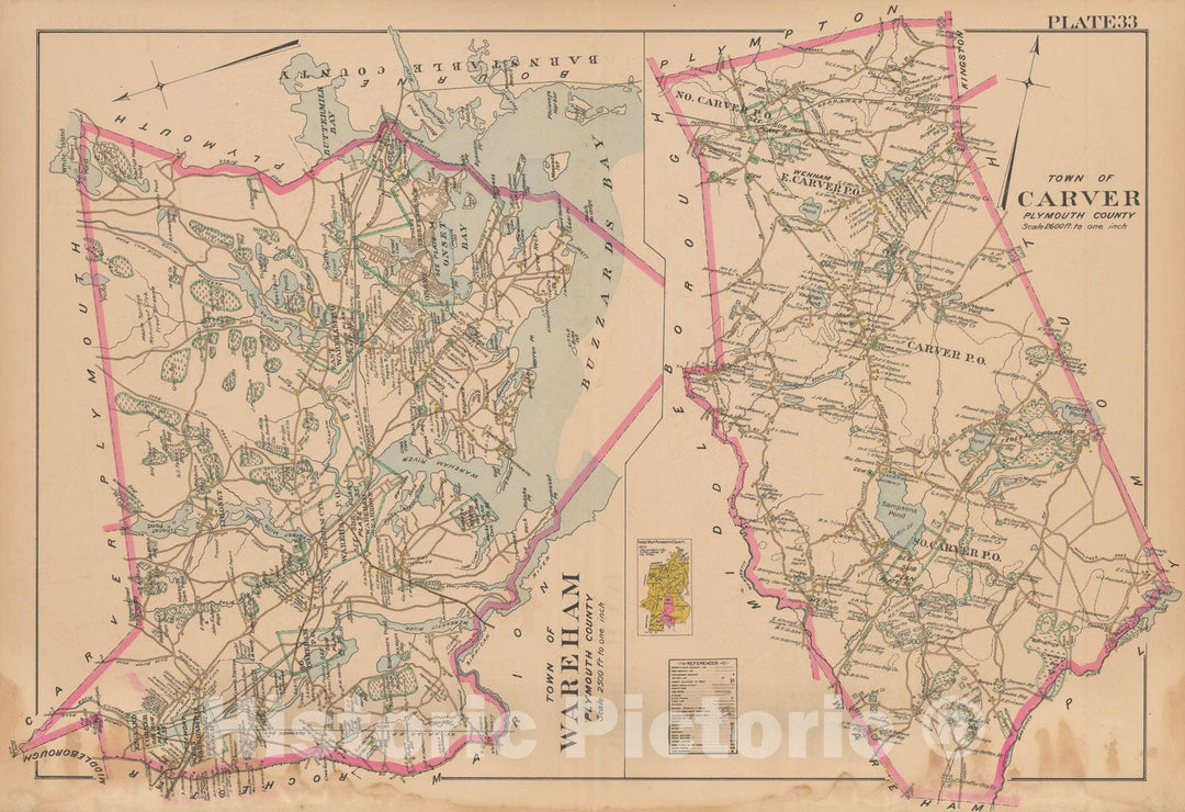 Historic Map : MA, Carver & Wareham 1903 Plate 033 , New Topographical Atlas of Surveys of Plymouth County ... , Vintage Wall Art