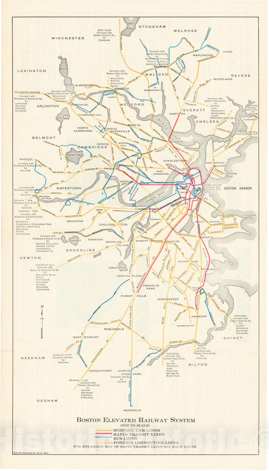 Historic Map : Greater Boston Transit Maps, Boston Elevated Railway System Map 1927 Railroad Catography , Vintage Wall Art