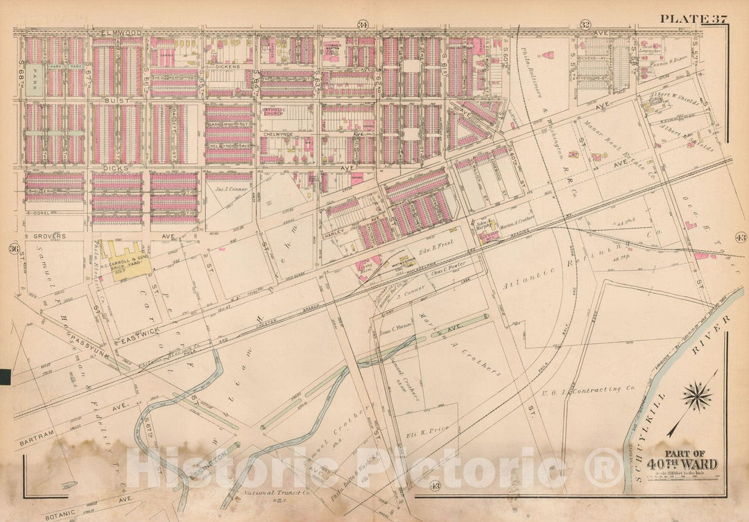 Historic Map : Atlas City of Philadelphia Wards 24,27,34,40,44&46 West Philadelphia, West Philadelphia 1927 Plate 037 , Vintage Wall Art