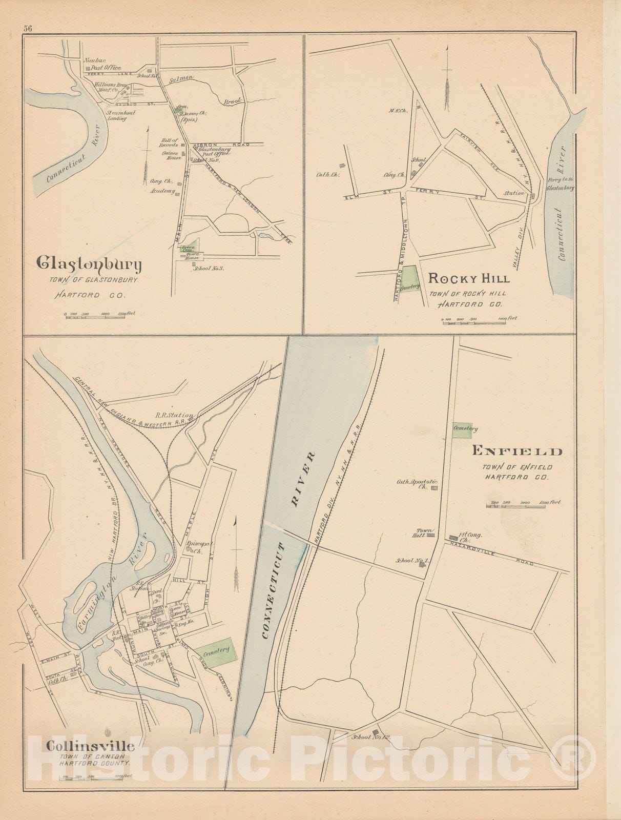 Historic Map : Canton & Enfield & Glastonbury & Rocky Hill 1893 , Town and City Atlas State of Connecticut , Vintage Wall Art