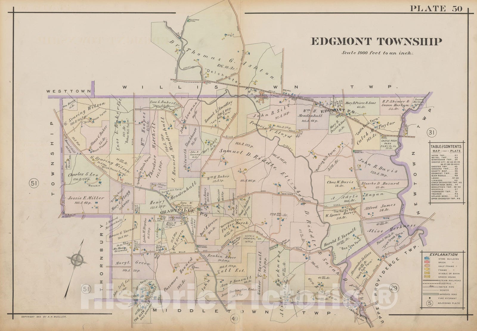 Historic Map : Atlas of Delaware County, West of Ridley Creek, Vol. Two, Edgmont 1913 Plate 050 , Vintage Wall Art