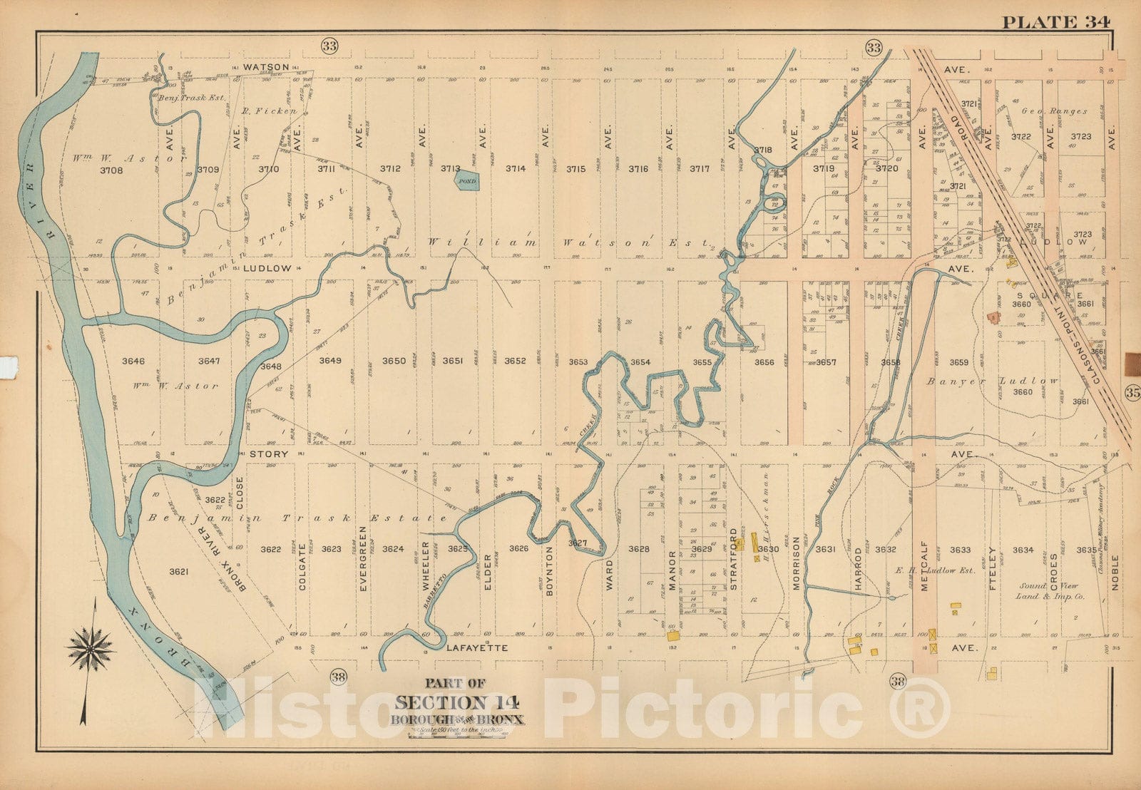 Historic Map : Atlas City of NY, Borough of The Bronx, Annexed District, The Bronx 1913 Plate 034 , Vintage Wall Art