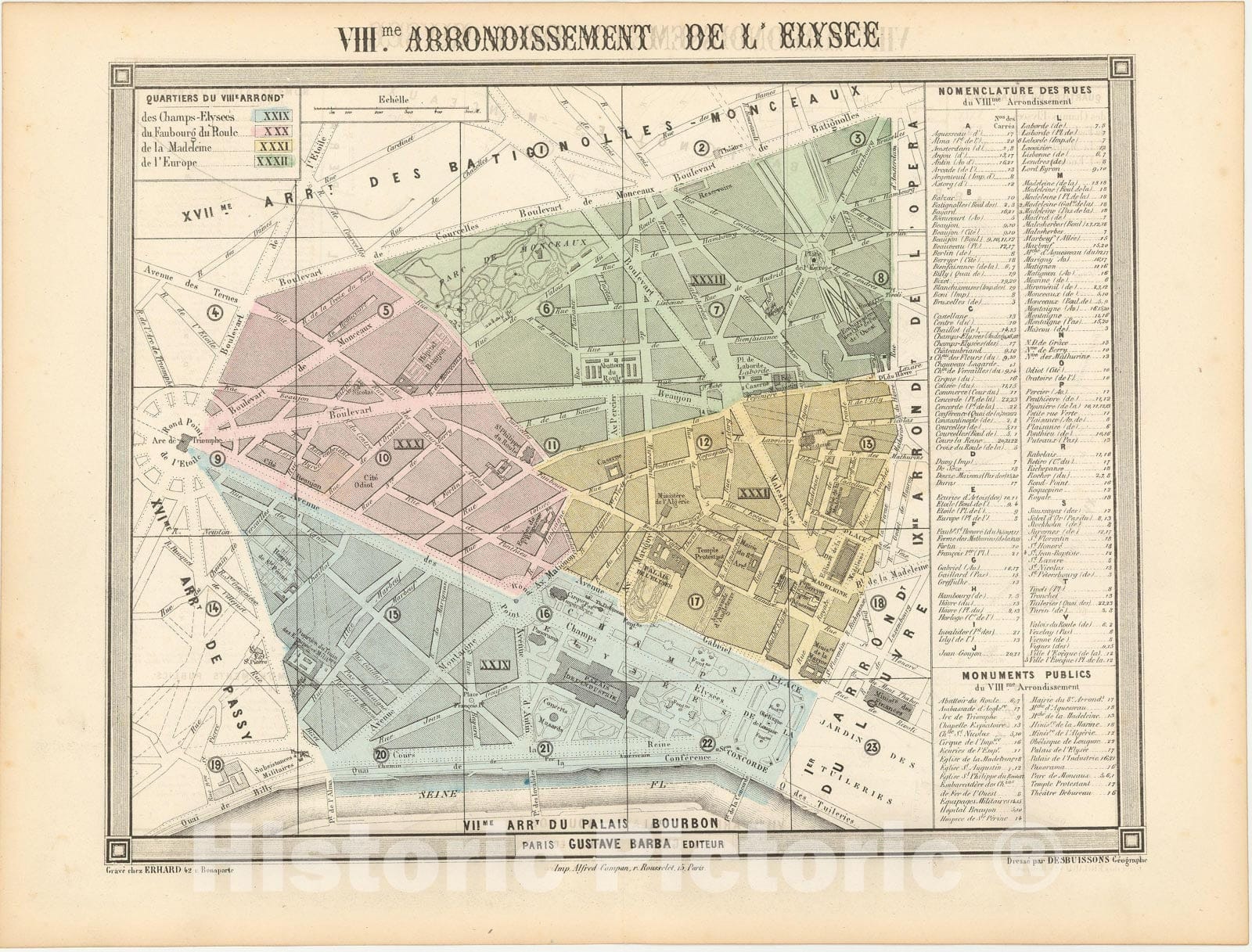 Historic Map : Europe, Paris 1860 8th Arrondissement , Vintage Wall Art