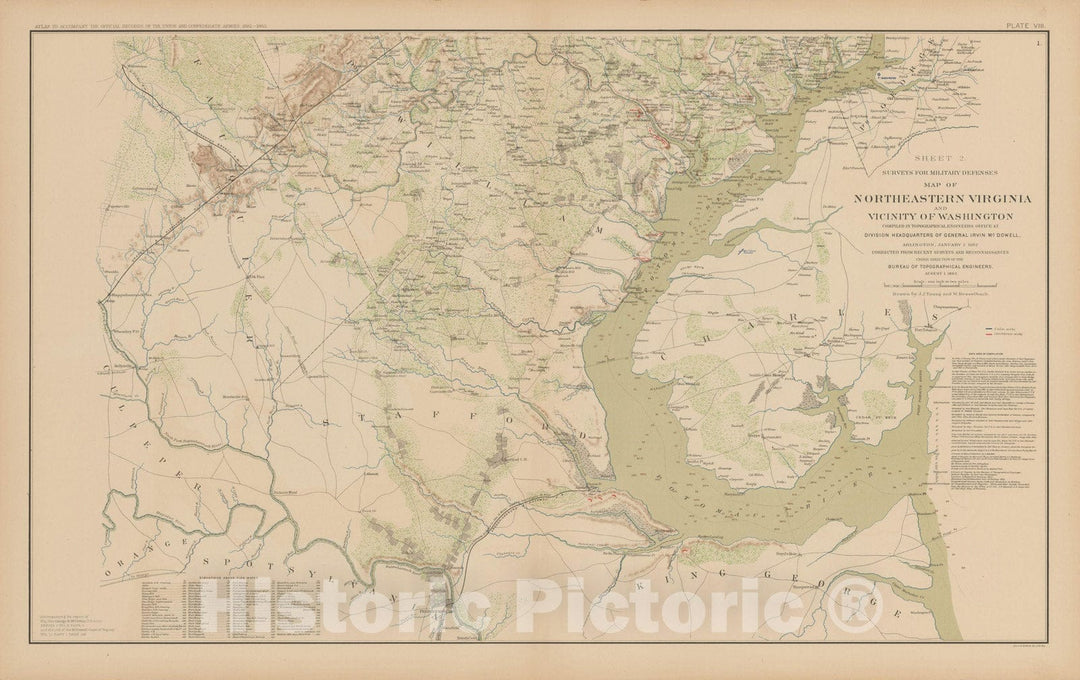 Historic Map : Civil War Atlas of the Union and Confederate Armies, Defences of Northeastern Virgina 1895 , Vintage Wall Art