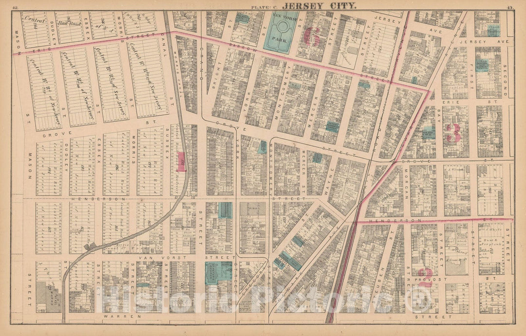 Historic Map : Combined Atlas State of New Jersey & The County of Hudson, Jersey City 1873 Plate C , Vintage Wall Art