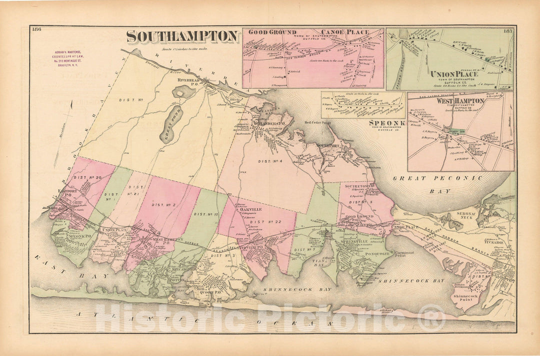 Historic Map : Atlas of Long Island, New York, South Hampton 1873 , v2, Vintage Wall Art