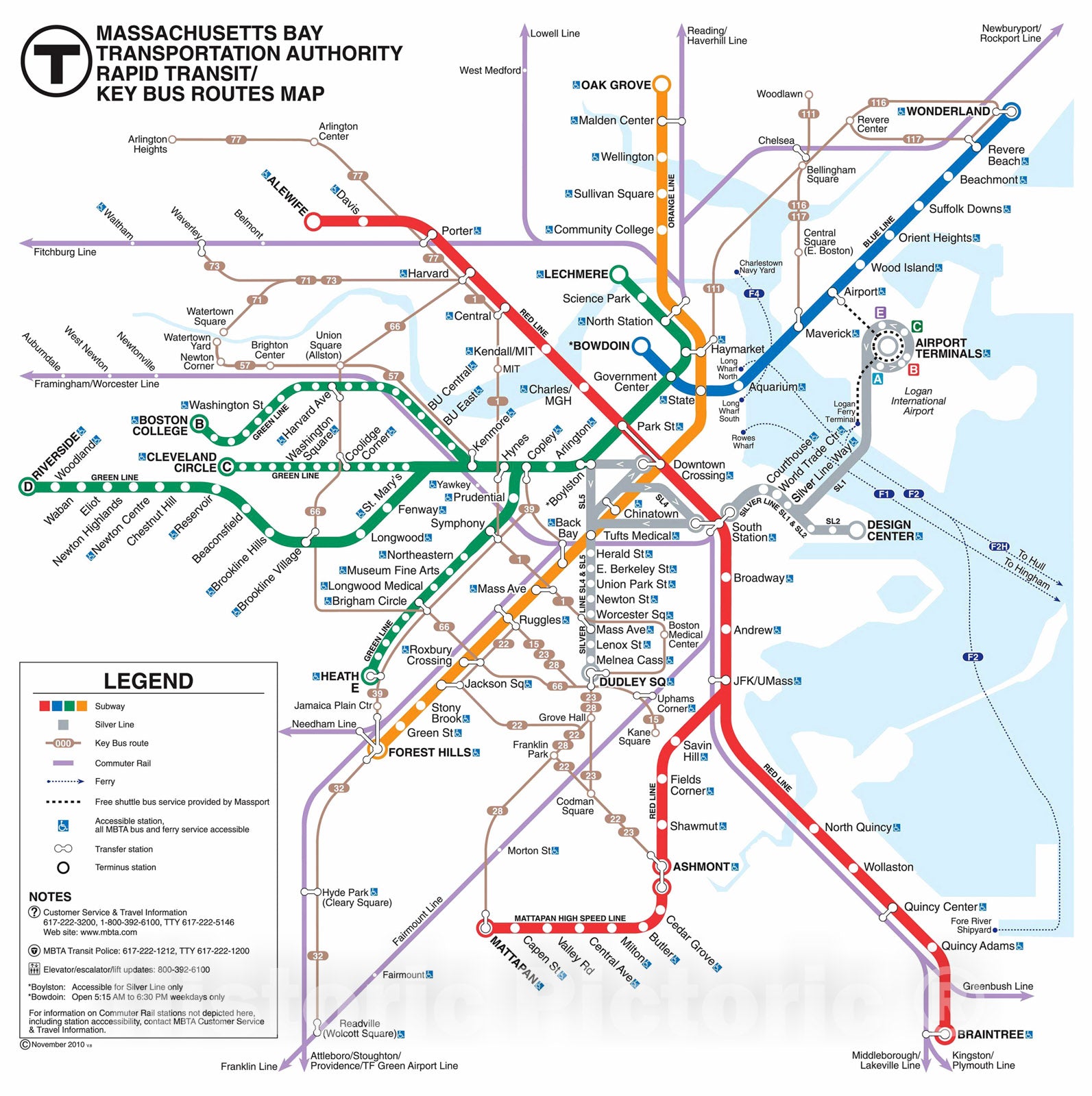 Historic Map : MBTA Rapid Transit Map 2010 Railroad Catography , Vintage Wall Art