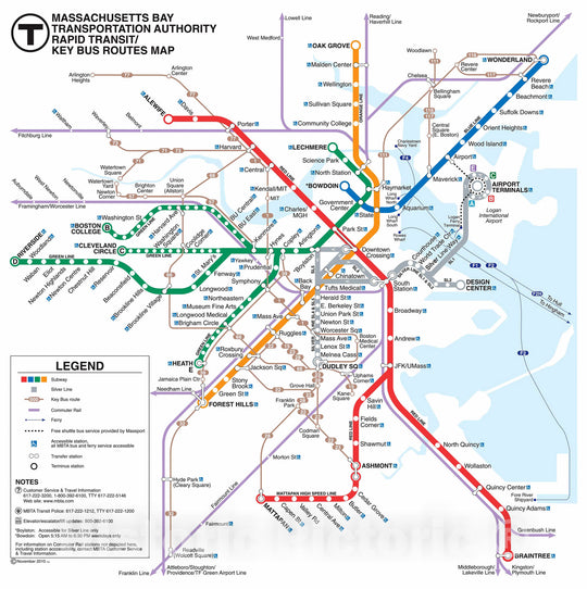 Historic Map : MBTA Rapid Transit Map 2010 Railroad Catography , Vintage Wall Art