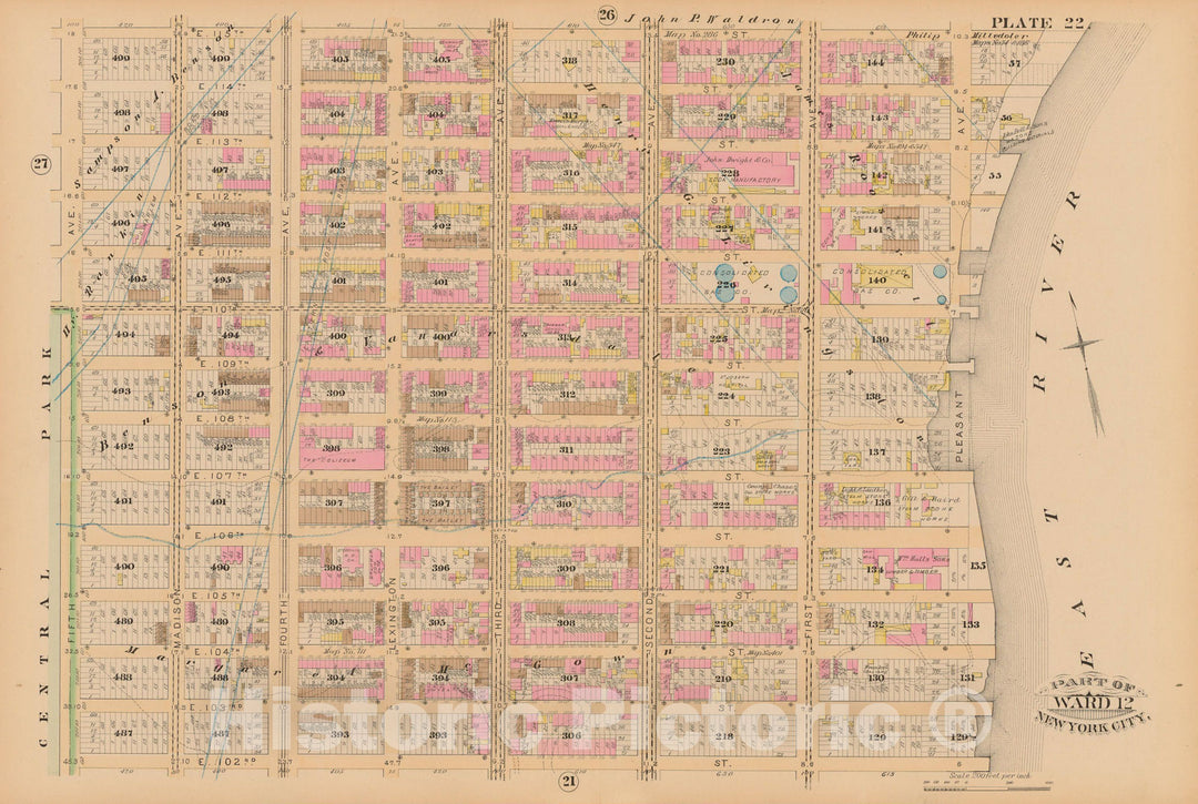 Historic Map : Manhattan & New York City 1885 Plate 022 , Robinson's Atlas City of New York , Vintage Wall Art