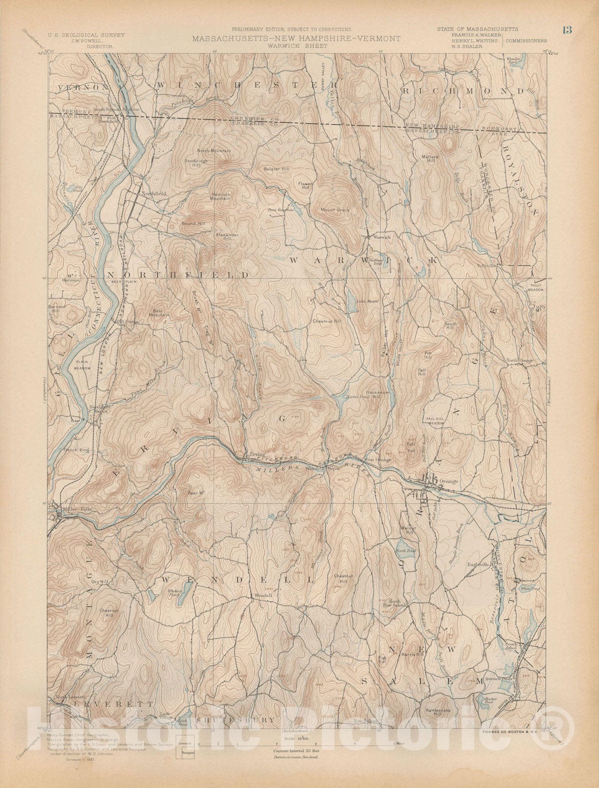 Historic Map : Atlas of Massachusetts, Erving & New Salem & Northfield & Warwick & Wendell 1890 Page 13 , Vintage Wall Art