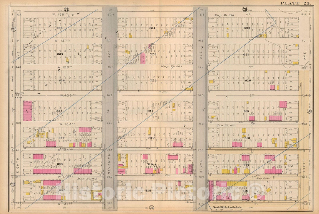 Historic Map : Atlas City of New York, Vol 2 ... 12th Ward, 2nd Ed., Manhattan 1884 Plate 025 , Vintage Wall Art