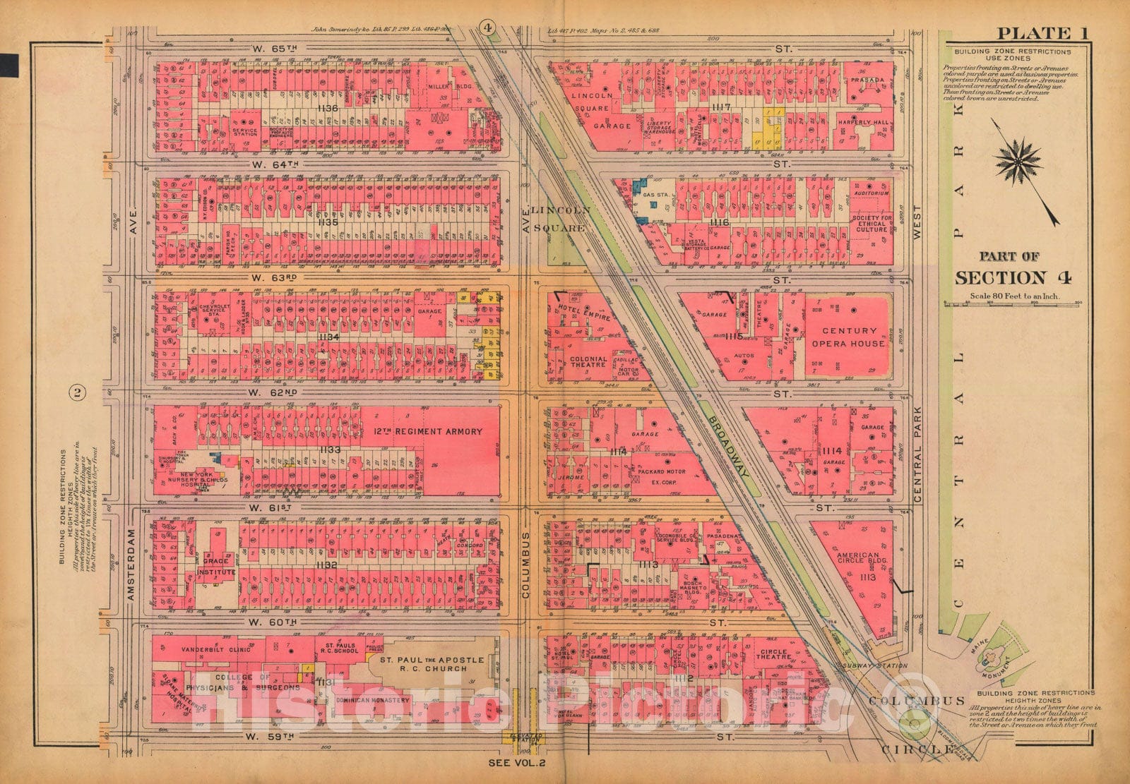 Historic Map : Atlas City of New York, Borough of Manhattan, Volume 3, 59th St to 110th St, Manhattan 1921 Plate 001 , Vintage Wall Art