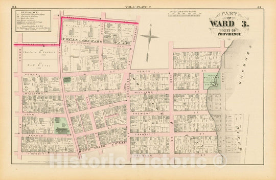 Historic Map : City Atlas of Providence Rhode Island by Wards, Volume I, Providence 1875 Plate T , Vintage Wall Art