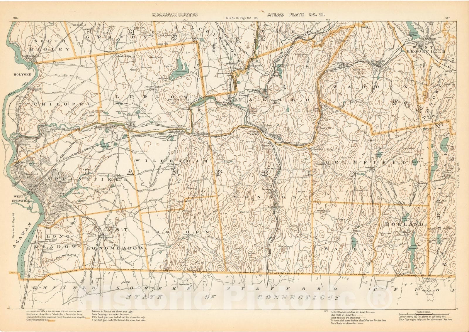 Historic Map : Brimfield & Chicopee & Ludlow & Monson & Palmer & Springfield & Warren & Wilbraham 1908 Plate 021 , Topographical Atlas of Massachusetts , Vintage Wall Art