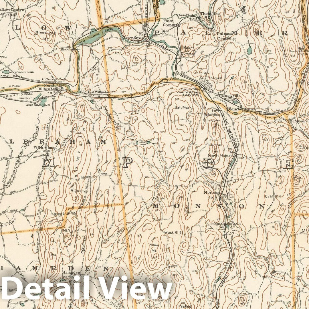 Historic Map : Brimfield & Chicopee & Ludlow & Monson & Palmer & Springfield & Warren & Wilbraham 1908 Plate 021 , Topographical Atlas of Massachusetts , Vintage Wall Art