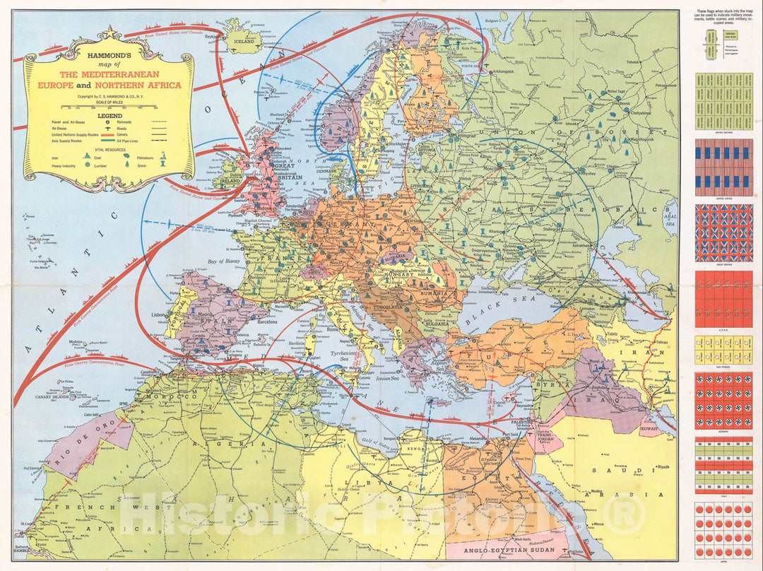 Historic Map : Europe, Battle Fronts Around the Mediterranean 1940s , Vintage Wall Art