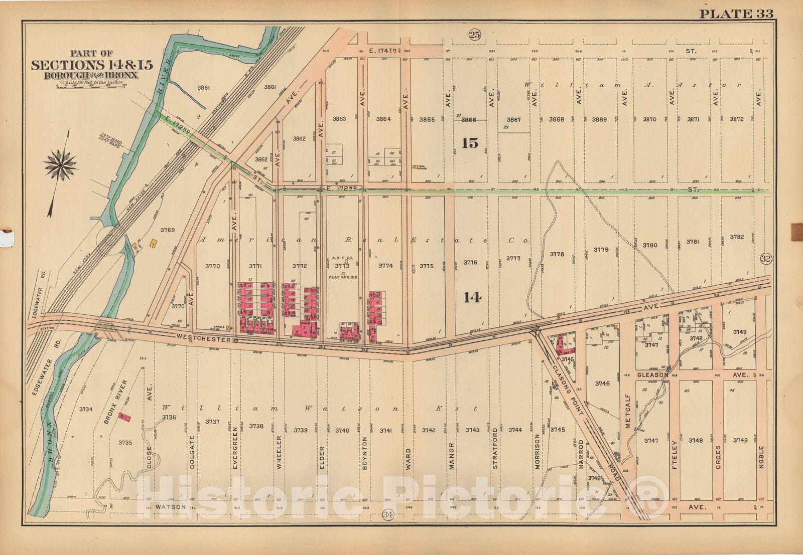 Historic Map : Atlas City of NY, Borough of The Bronx, Annexed District, The Bronx 1913 Plate 033 , Vintage Wall Art