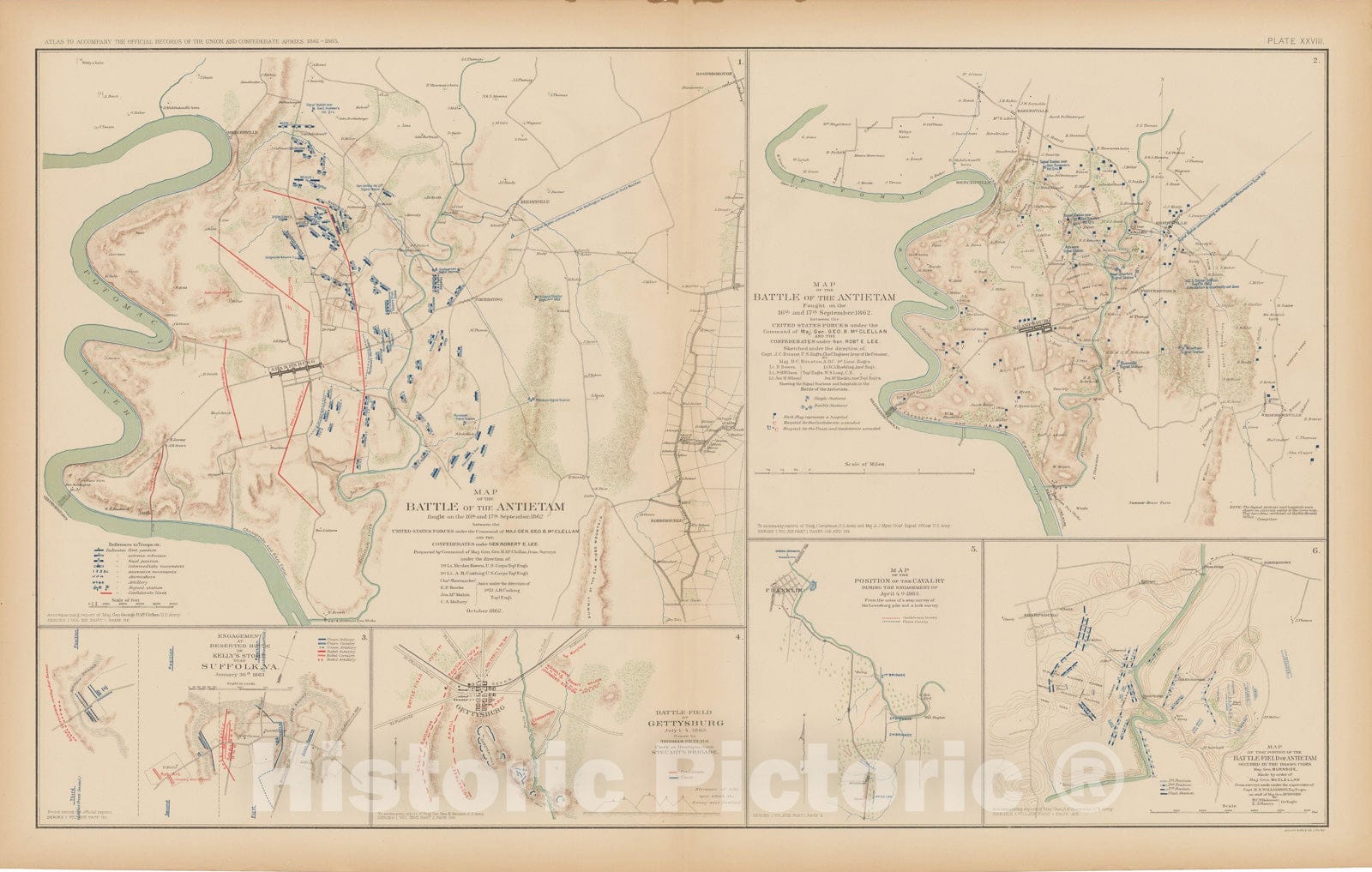 Historic Map : Civil War Atlas of the Union and Confederate Armies, Battles in MD, PA & VA 1895 , Vintage Wall Art