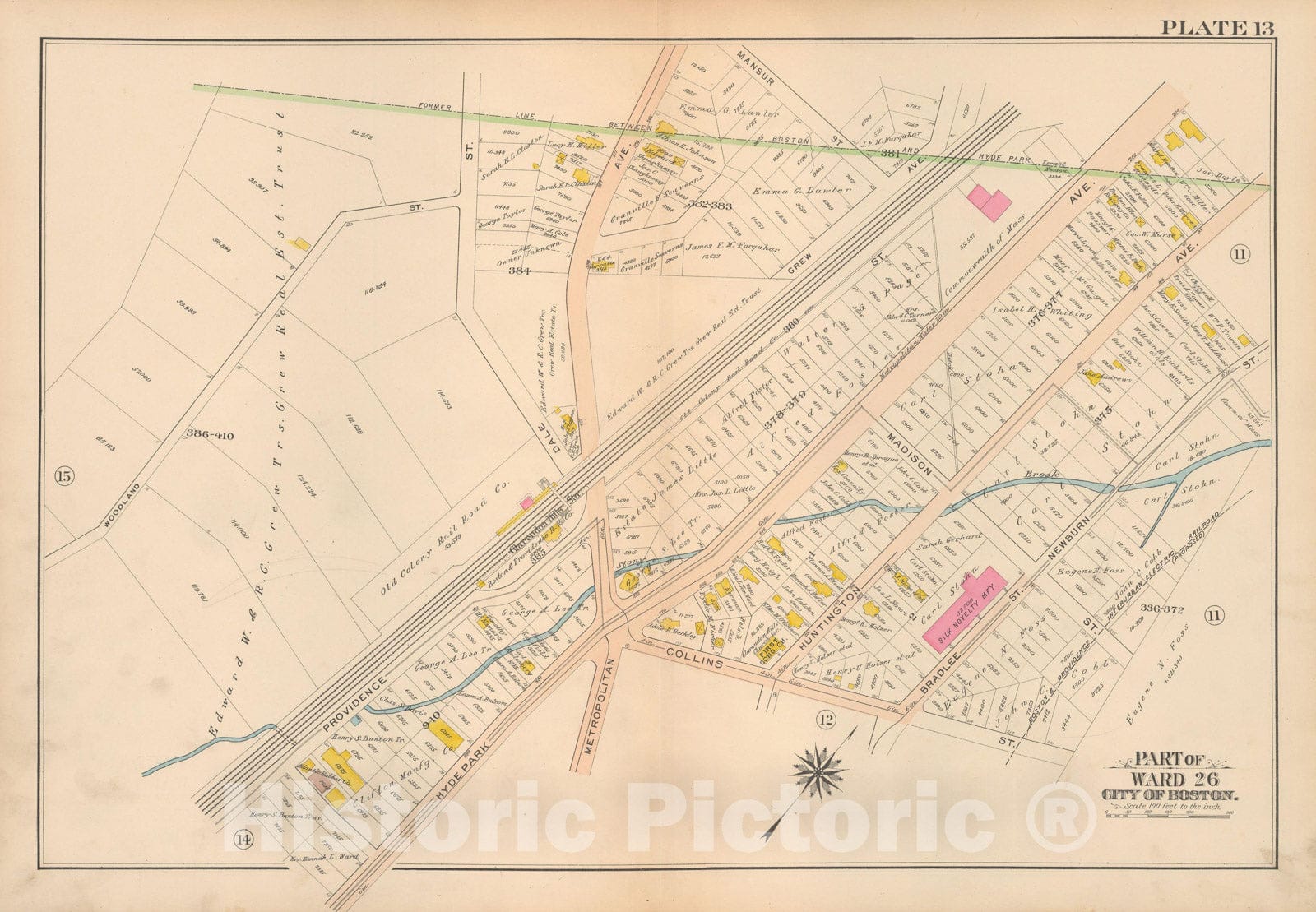 Historic Map : Atlas City of Boston Ward 26 Hyde Park, Hyde Park 1912 Plate 013 , Vintage Wall Art