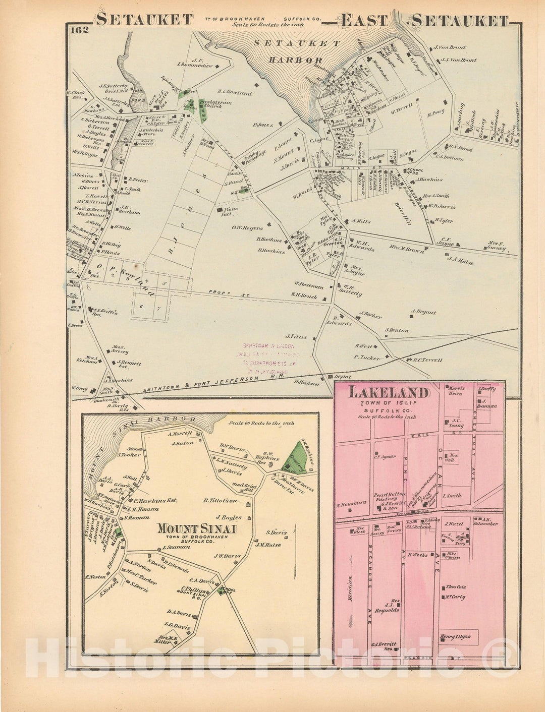 Historic Map : Atlas of Long Island, New York, Brookhaven & Islip 1873 , Vintage Wall Art