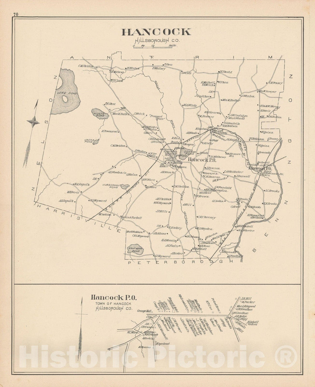 Historic Map : Hancock 1892 , Town and City Atlas State of New Hampshire , Vintage Wall Art