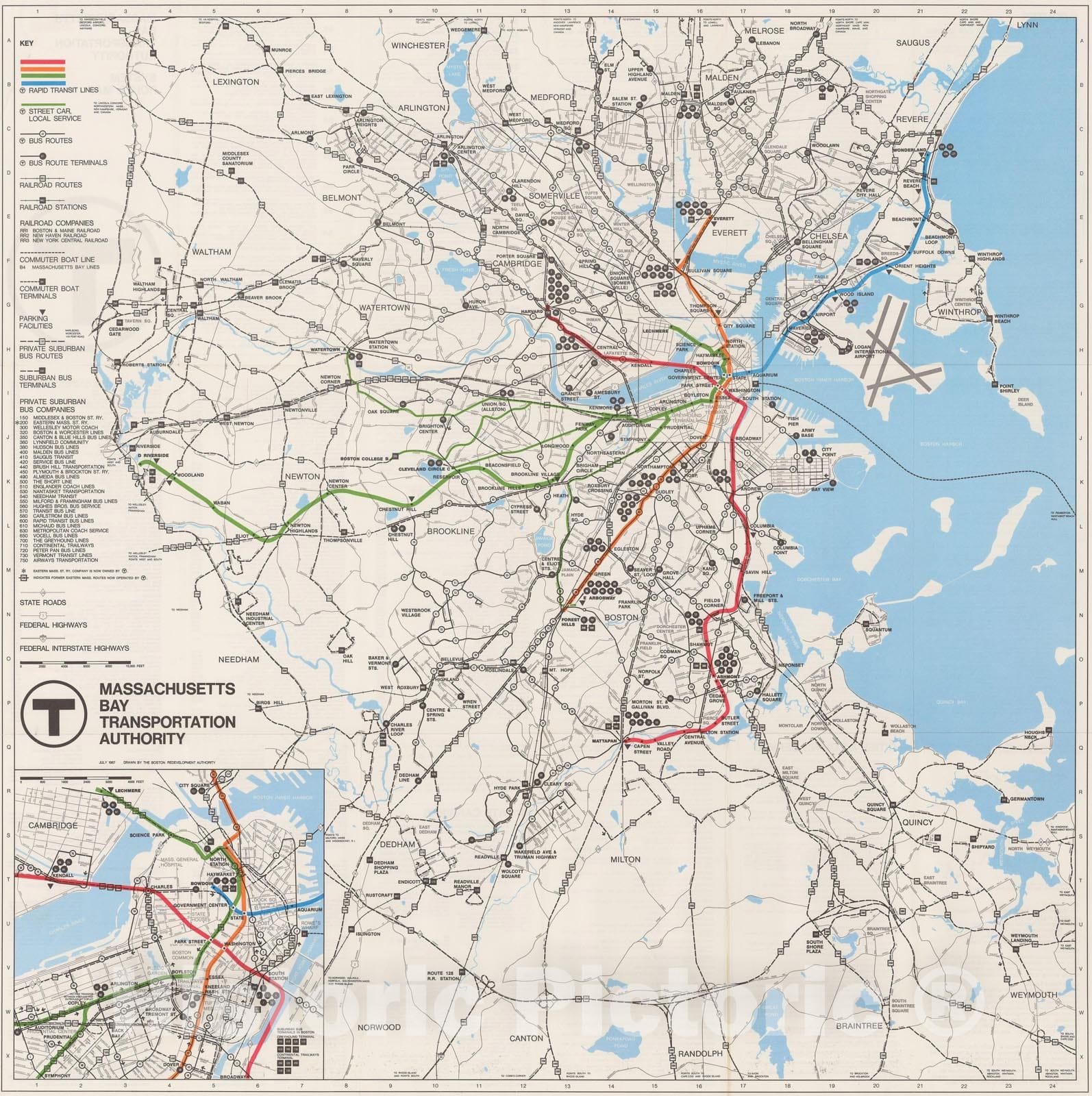 Historic Map : Greater Boston Transit Maps, MBTA System Route Map 1967 Railroad Catography , Vintage Wall Art