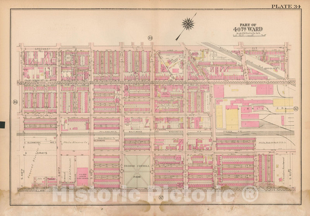 Historic Map : Atlas City of Philadelphia Wards 24,27,34,40,44&46 West Philadelphia, West Philadelphia 1927 Plate 034 , Vintage Wall Art