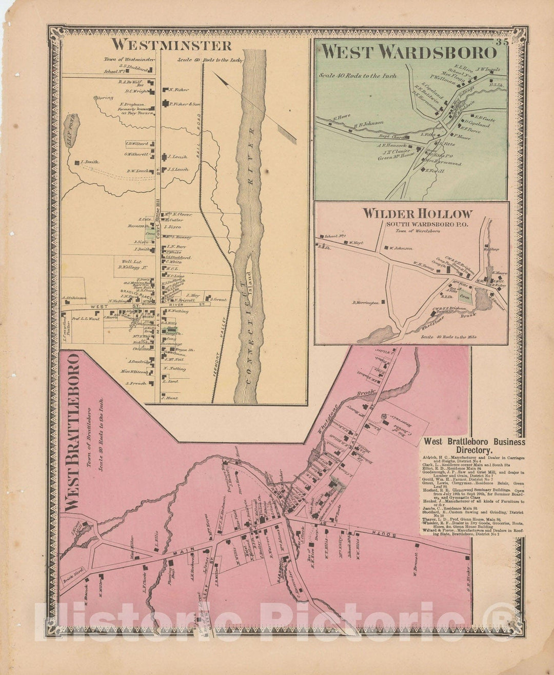 Historic Map : Atlas of Windham County, VT, Brattleboro & Wardsboro & Westminster 1869 , Vintage Wall Art