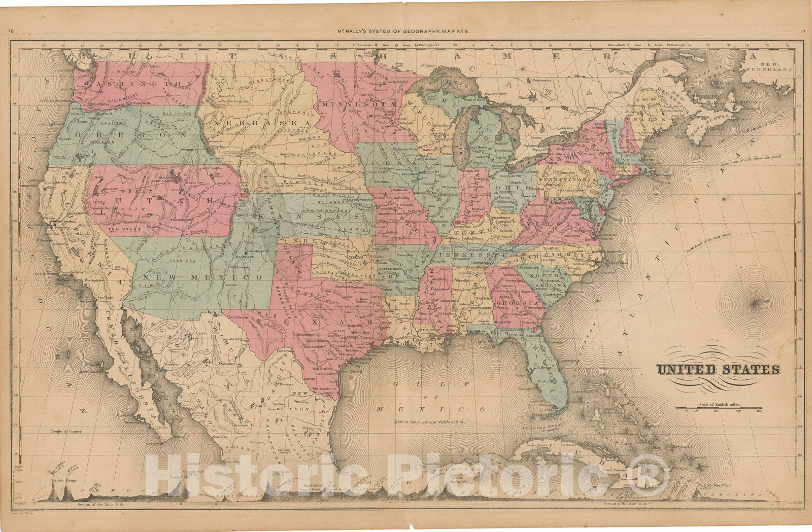 Historic Map : McNally's Improved System of Geography, United States 1856 , Vintage Wall Art