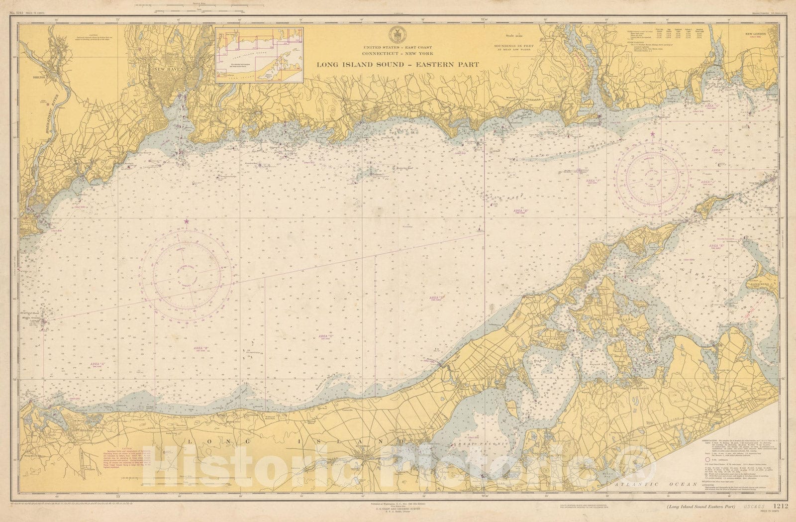 Historic Map : Coastal Charts - NY CT: Long Island Sound - Eastern Part 1950 , Vintage Wall Art