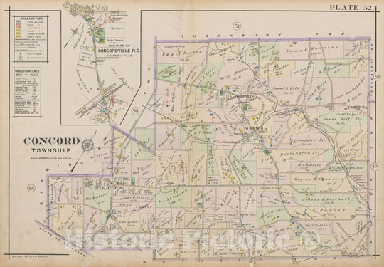 Historic Map : Atlas of Delaware County, West of Ridley Creek, Vol. Two, Concord 1913 Plate 052 , Vintage Wall Art